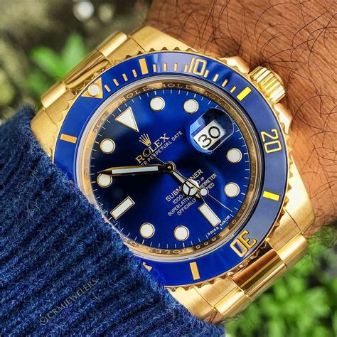 rolex gold blue face|Rolex submariner gold bezel.